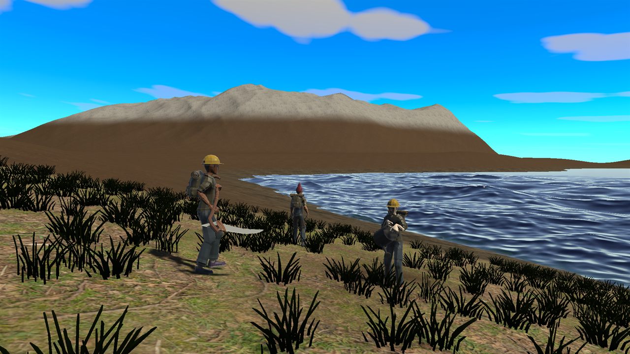 Three players standing in a field of grass on a coastline, one holding a scythe.