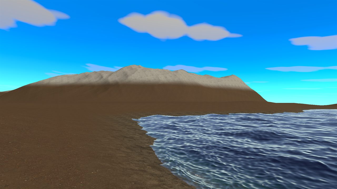 A generated coastline with snow-capped hills behind it and the sea in front.